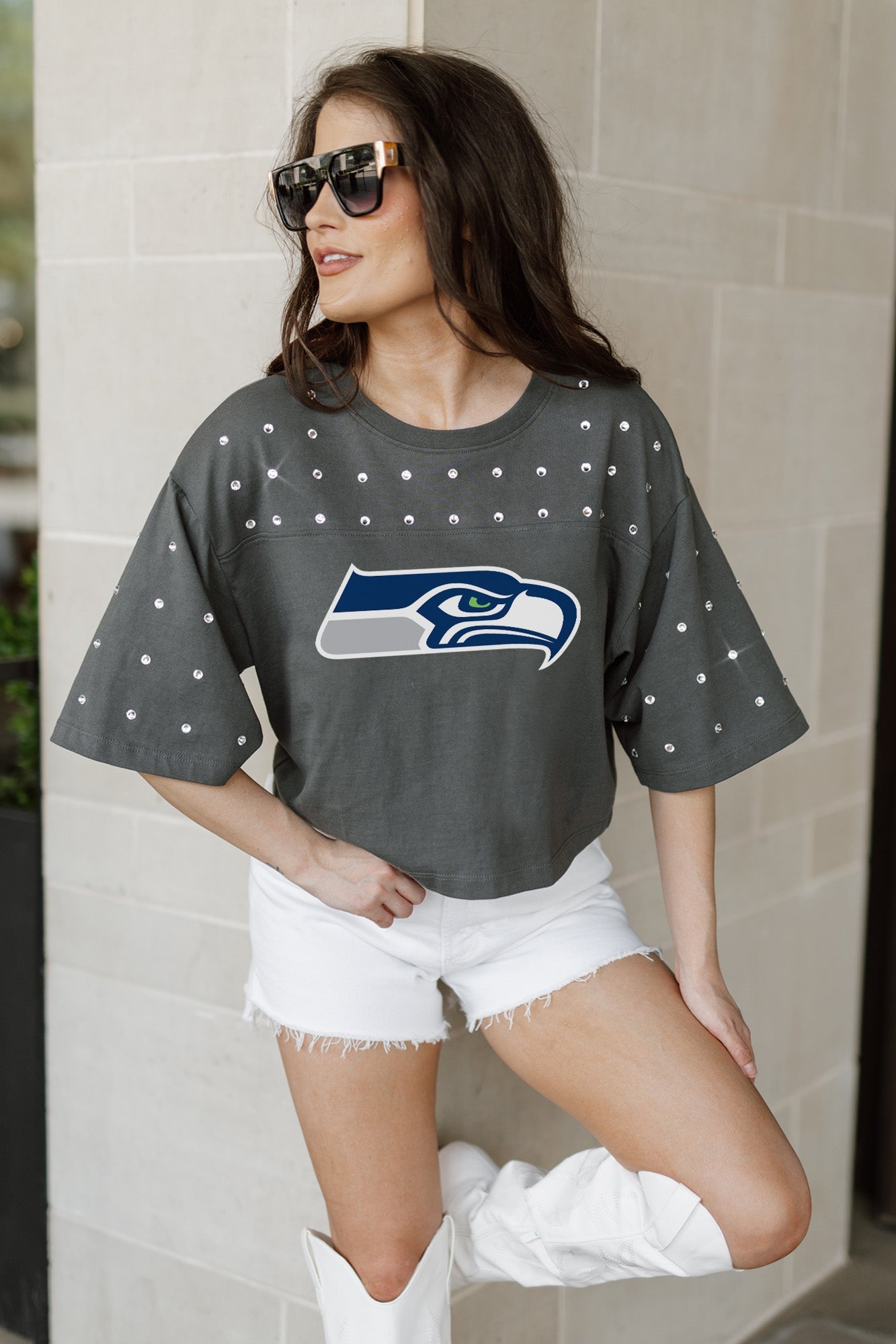 SEATTLE SEAHAWKS MAKING MOVES ALL-OVER RHINESTONE CROPPED TEE WITH YOKE