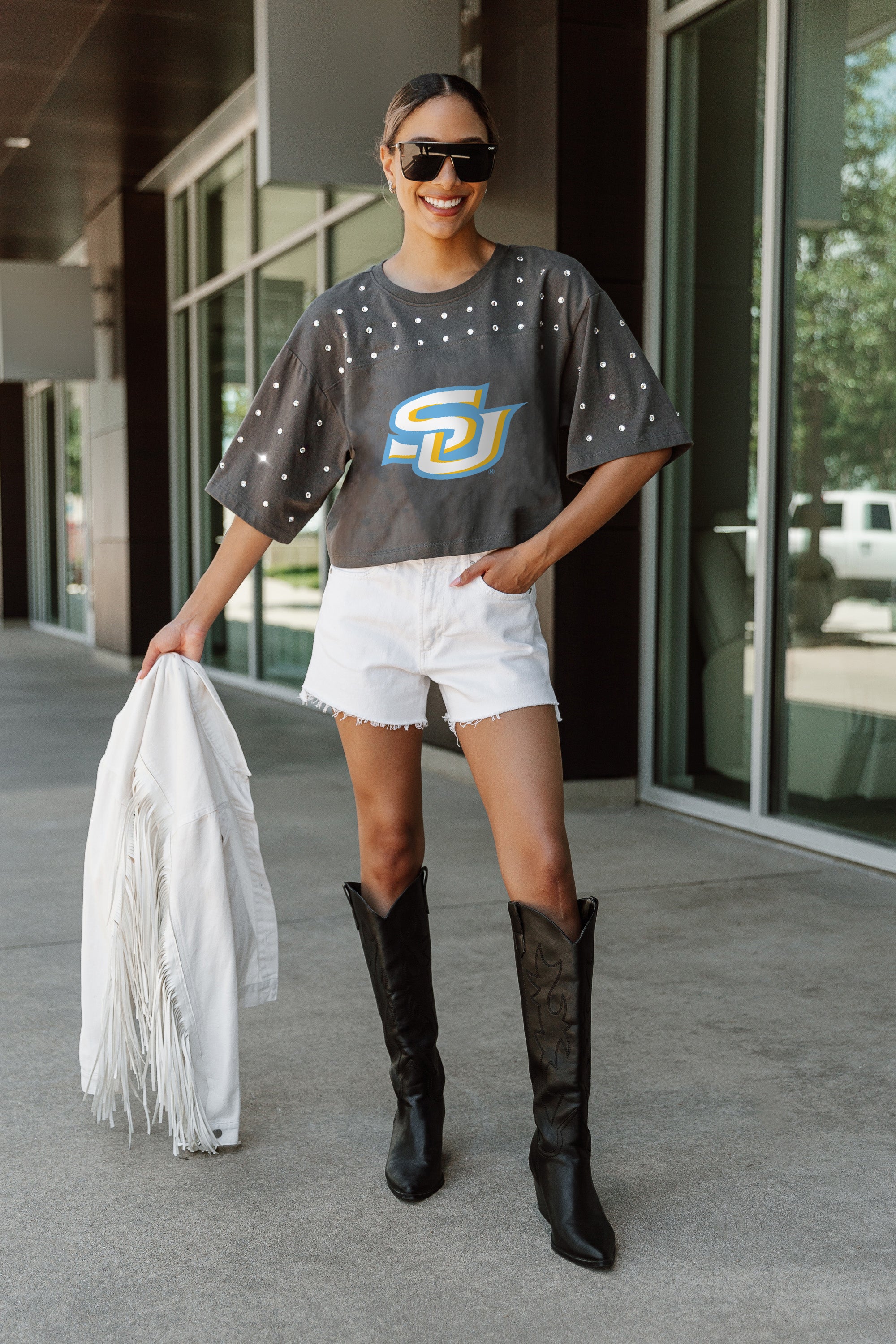 SOUTHERN JAGUARS MAKING MOVES ALL-OVER RHINESTONE CROPPED TEE WITH YOKE