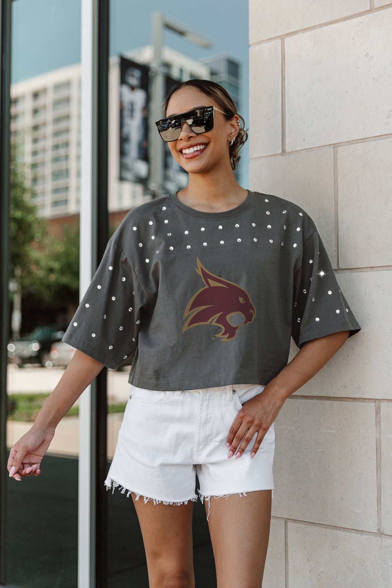 TEXAS STATE BOBCATS MAKING MOVES ALL-OVER RHINESTONE CROPPED TEE WITH YOKE