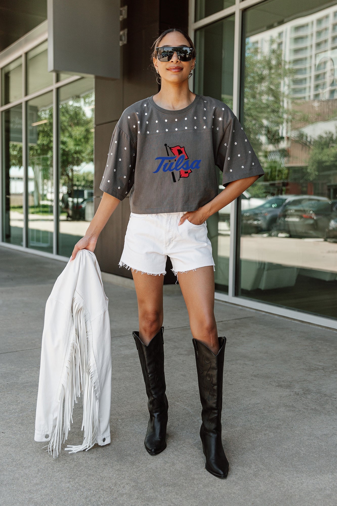 TULSA GOLDEN HURRICANE MAKING MOVES ALL-OVER RHINESTONE CROPPED TEE WITH YOKE