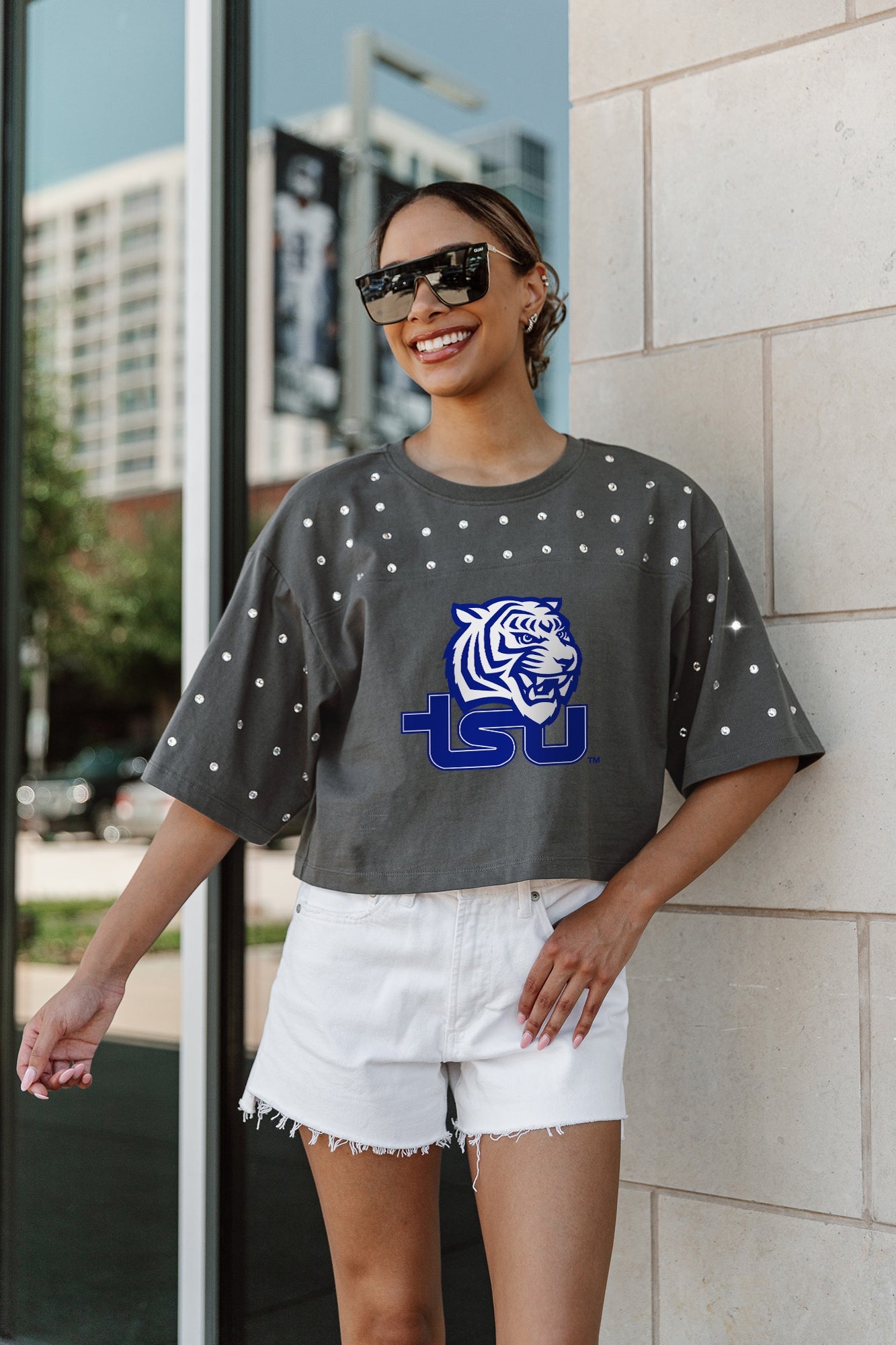 TENNESSEE STATE TIGERS MAKING MOVES ALL-OVER RHINESTONE CROPPED TEE WITH YOKE