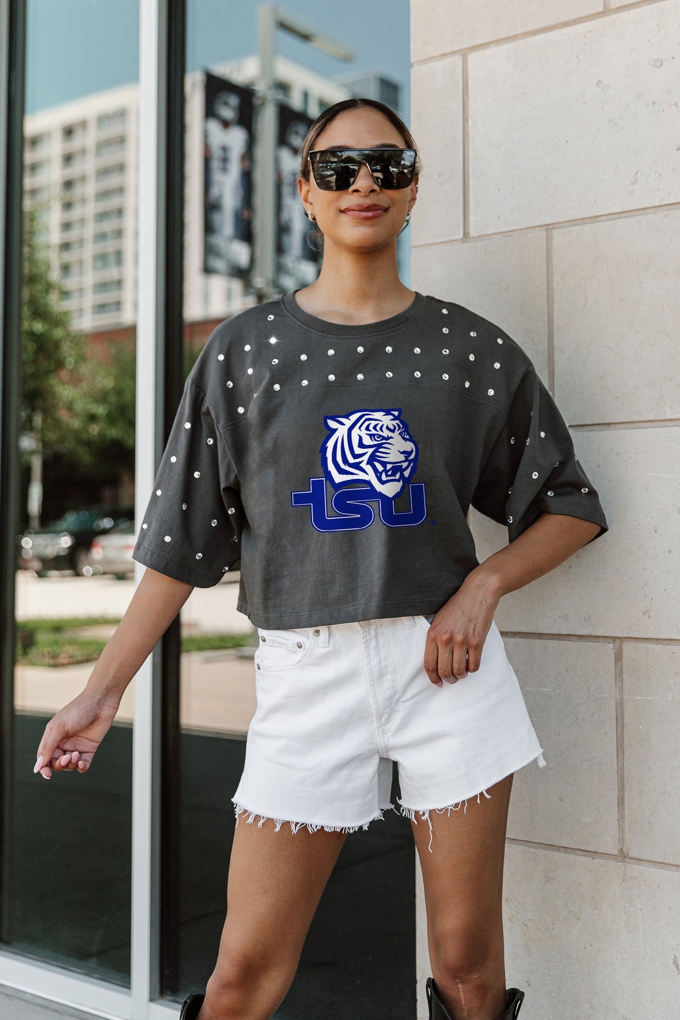TENNESSEE STATE TIGERS MAKING MOVES ALL-OVER RHINESTONE CROPPED TEE WITH YOKE