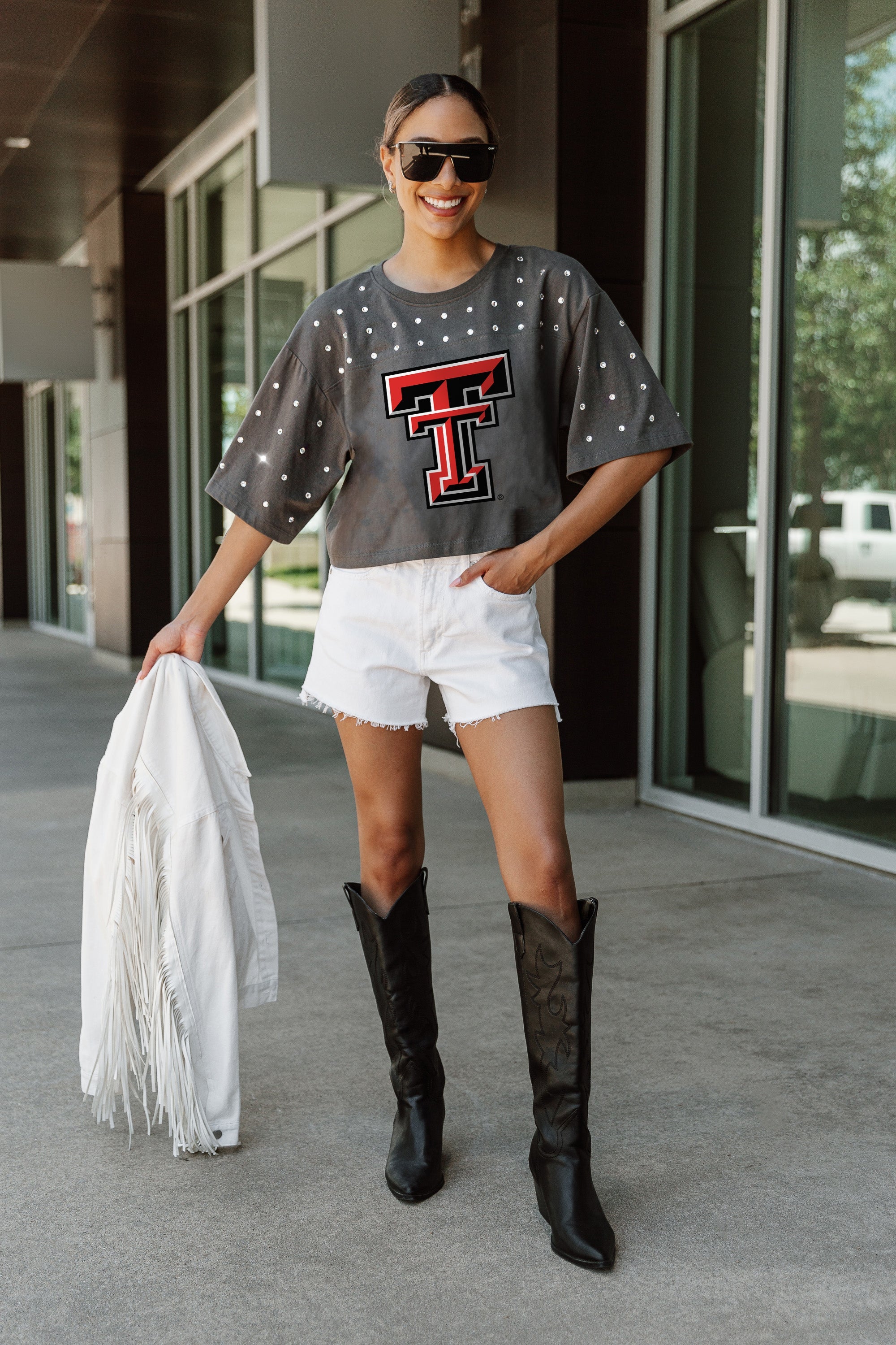 TEXAS TECH RED RAIDERS MAKING MOVES ALL-OVER RHINESTONE CROPPED TEE WITH YOKE