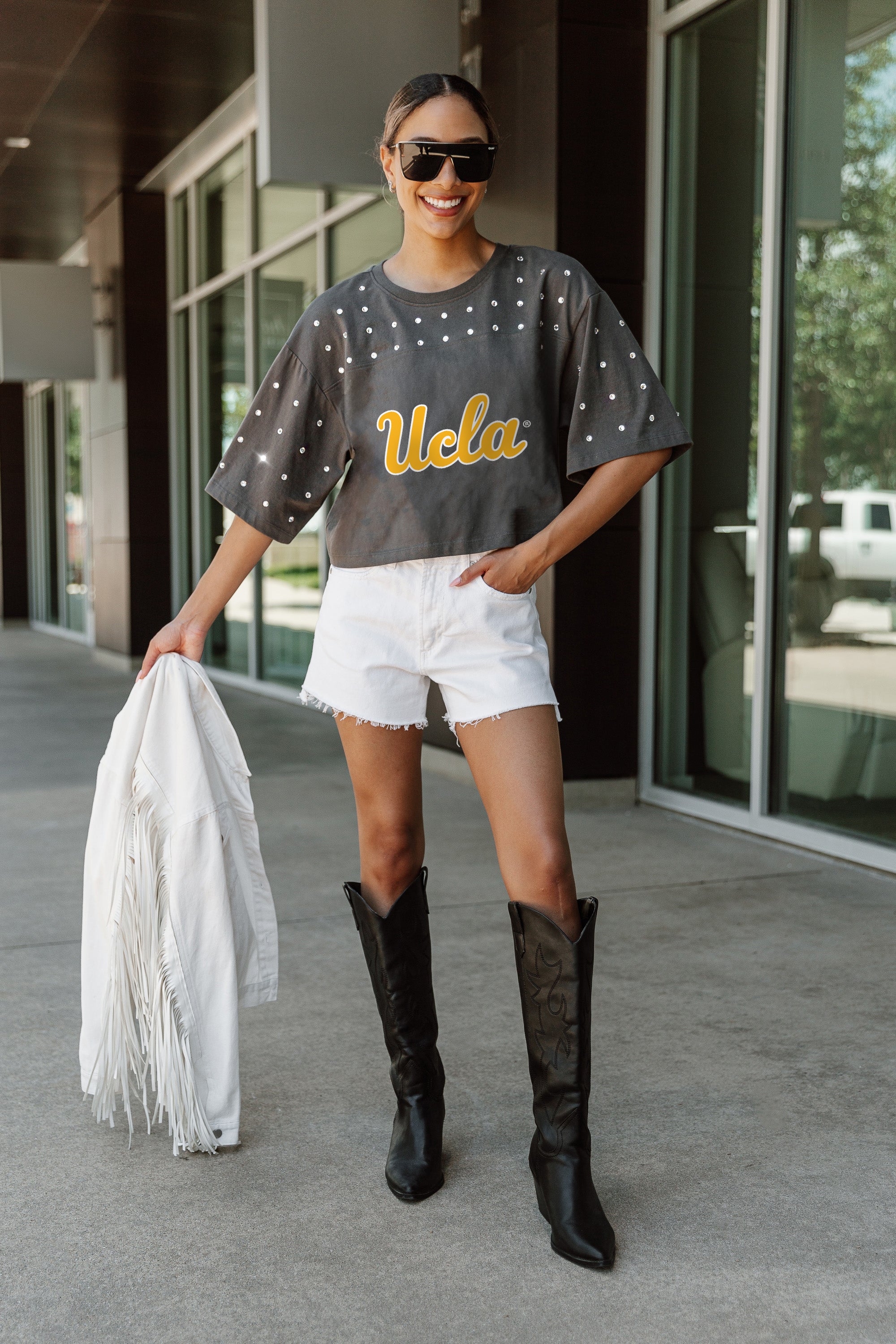 UCLA BRUINS MAKING MOVES ALL-OVER RHINESTONE CROPPED TEE WITH YOKE