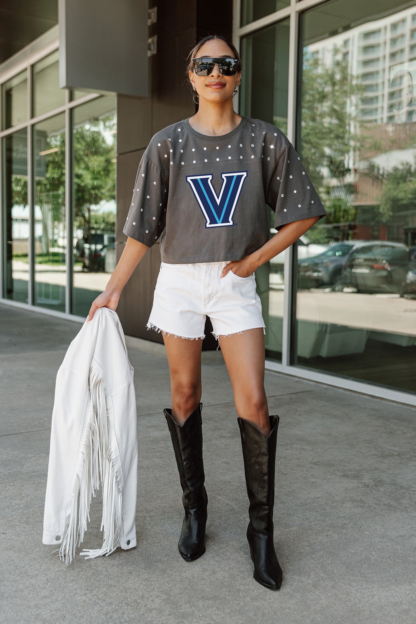 VILLANOVA WILDCATS MAKING MOVES ALL-OVER RHINESTONE CROPPED TEE WITH YOKE