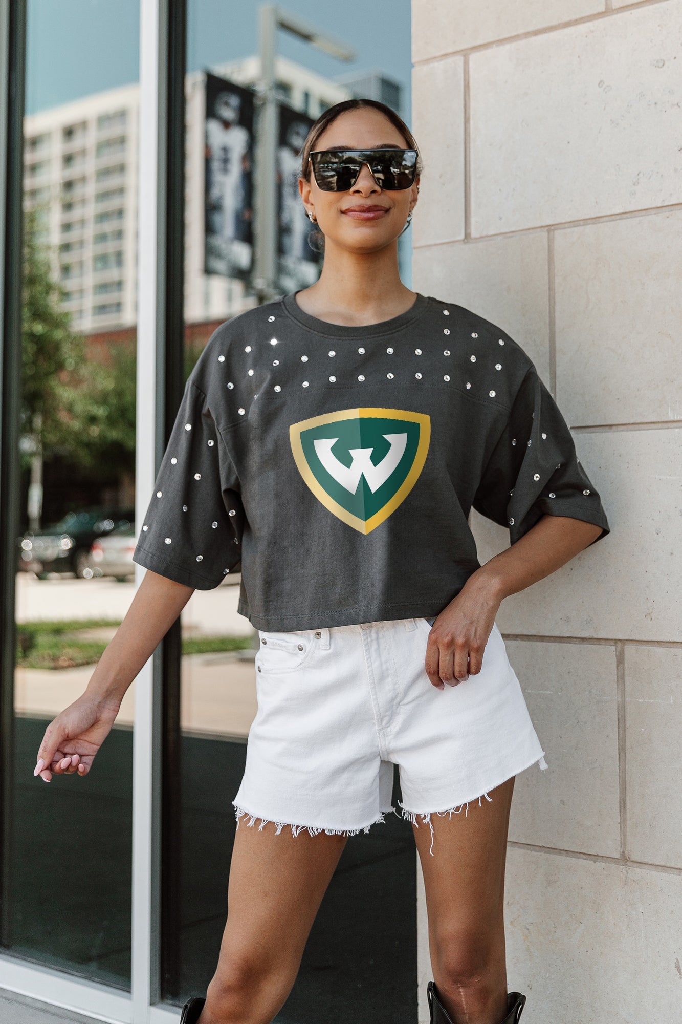 WAYNE STATE WARRIORS MAKING MOVES ALL-OVER RHINESTONE CROPPED TEE WITH YOKE