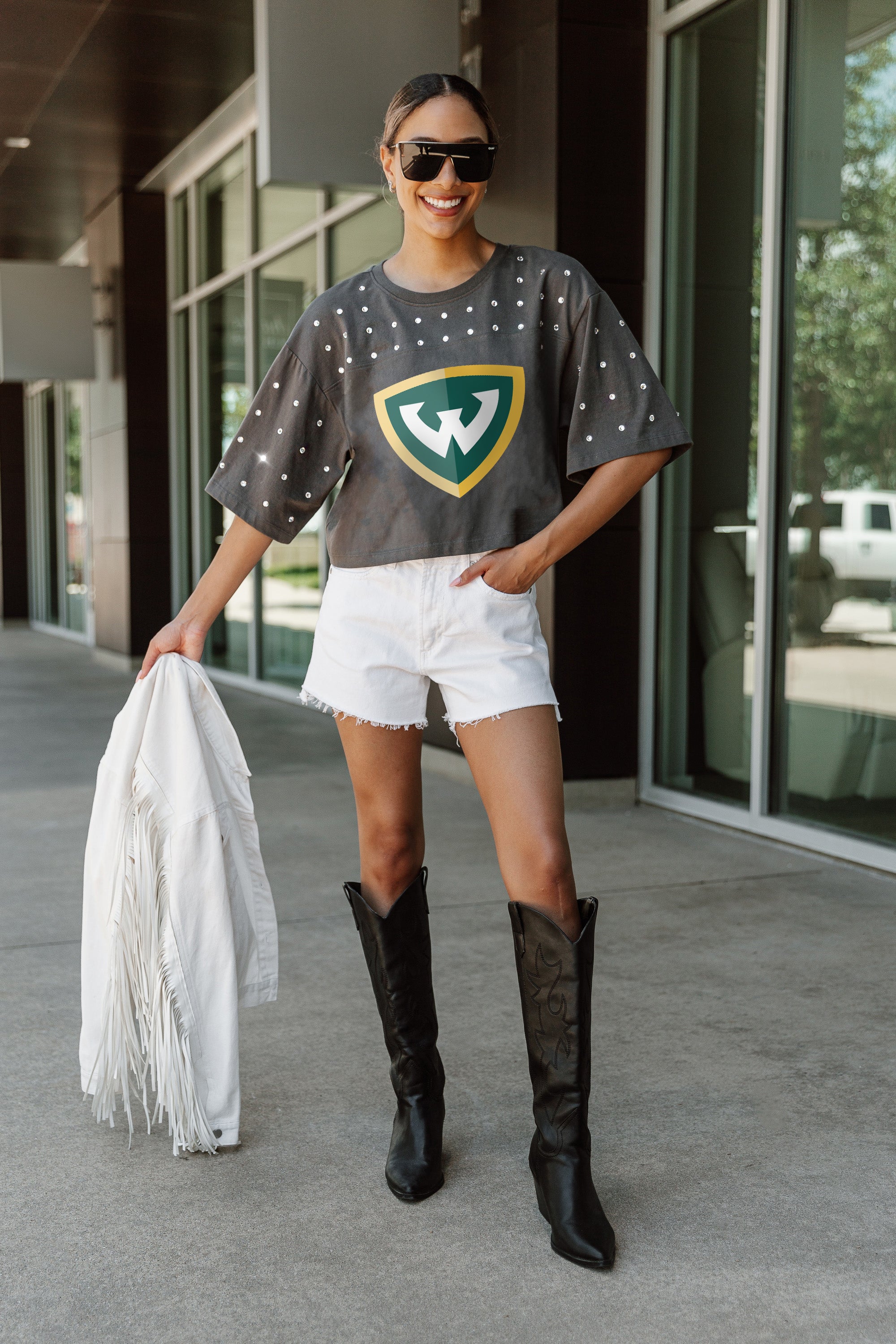 WAYNE STATE WARRIORS MAKING MOVES ALL-OVER RHINESTONE CROPPED TEE WITH YOKE