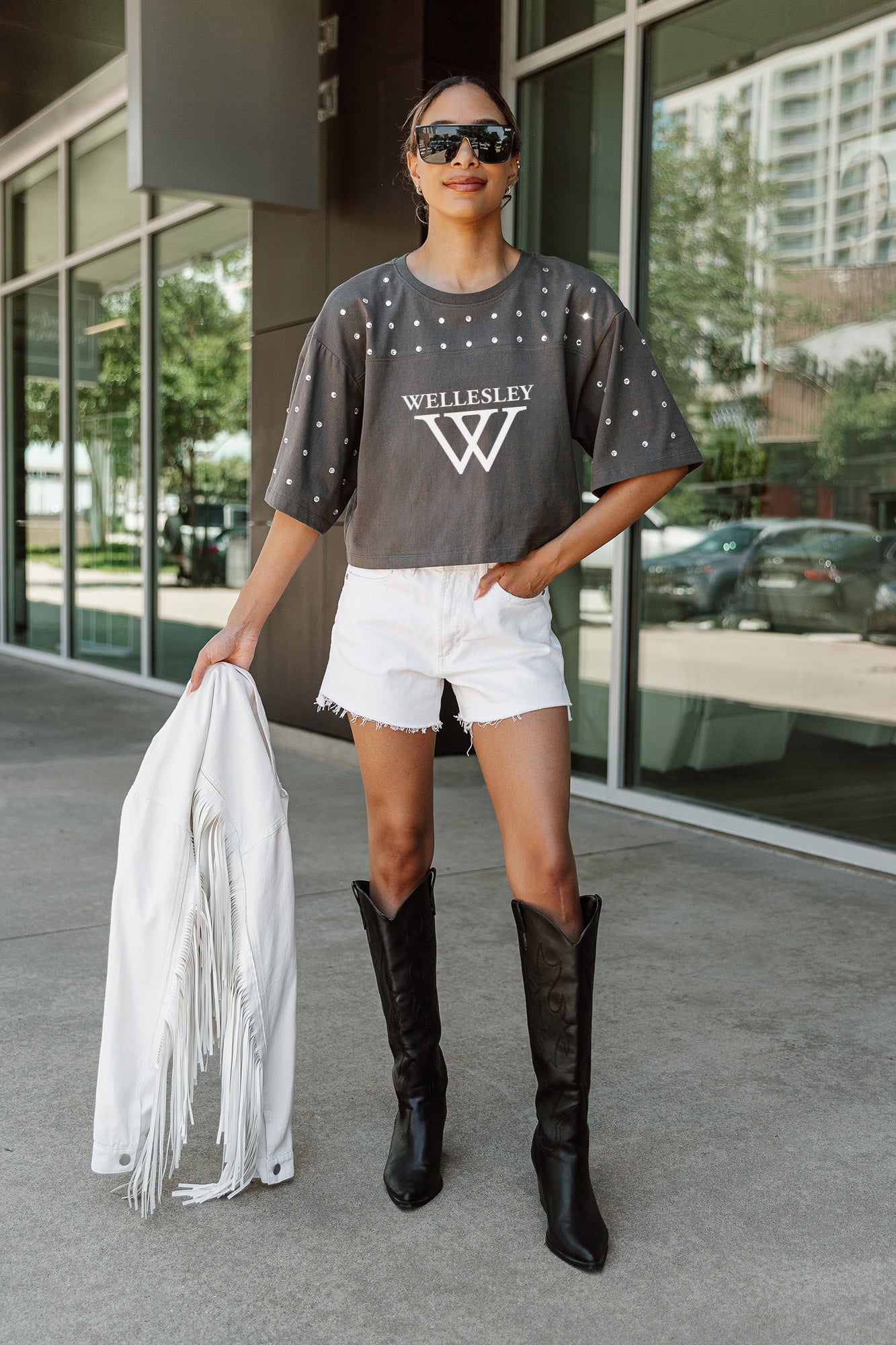 WELLESLEY BLUE MAKING MOVES ALL-OVER RHINESTONE CROPPED TEE WITH YOKE