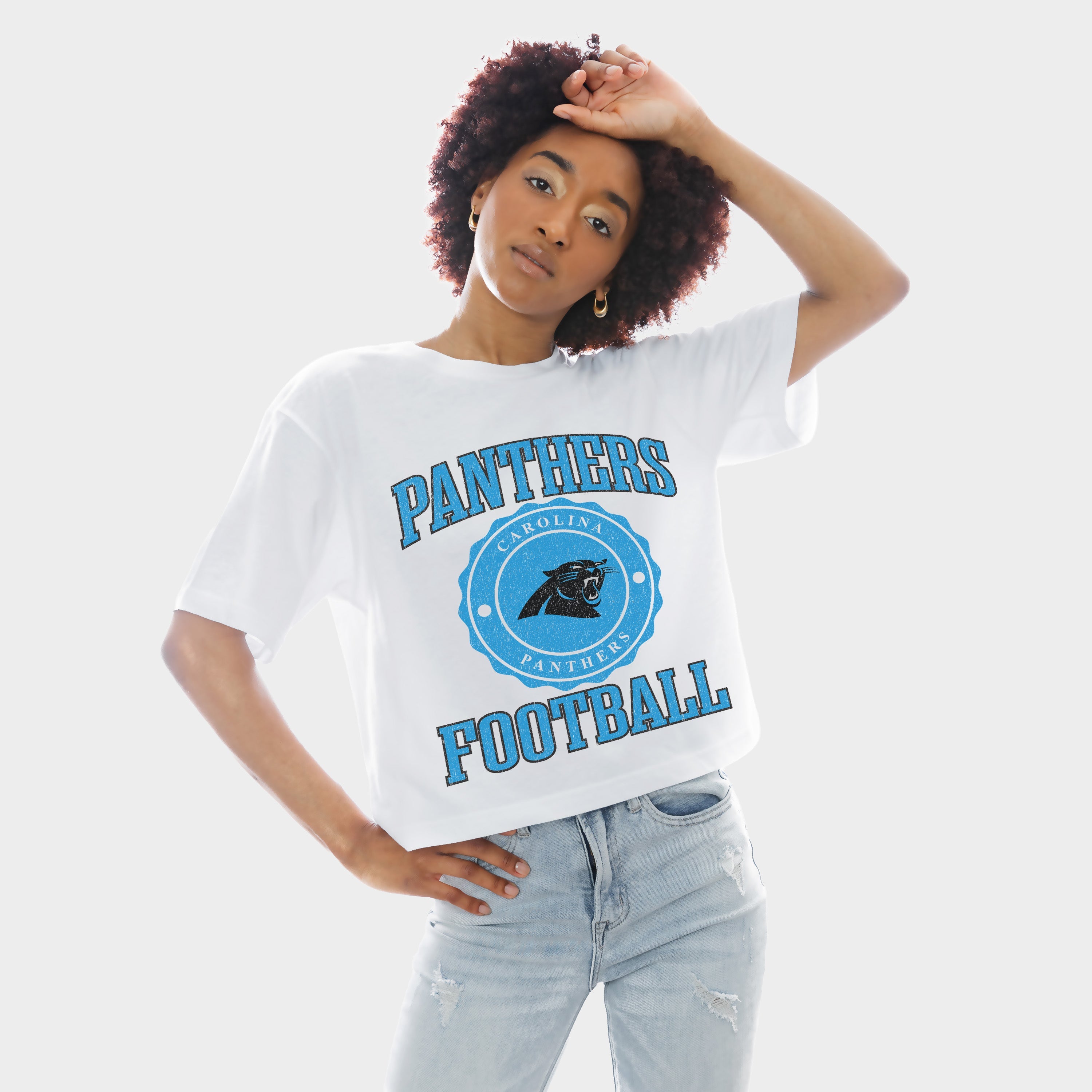 CAROLINA PANTHERS RETRO PLAY BOXY FIT CROPPED TEE