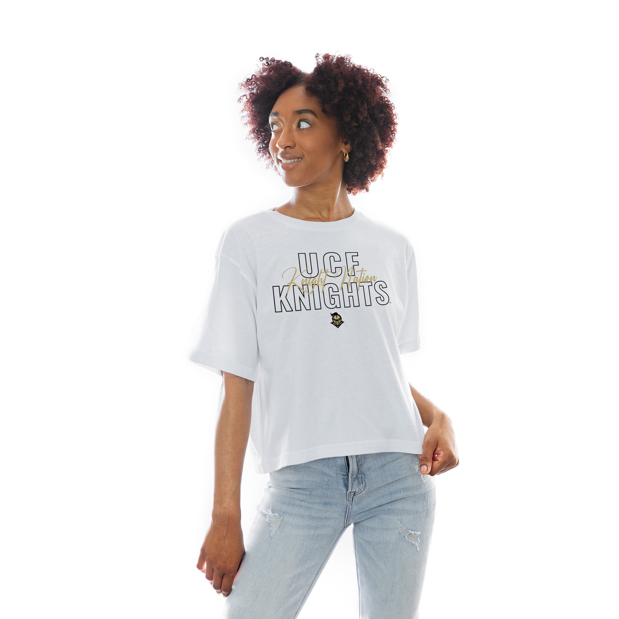 White UCF Knights Keep Playing Boxy-Fit Crop Tee - Front On Model | Gameday Couture - SOHO