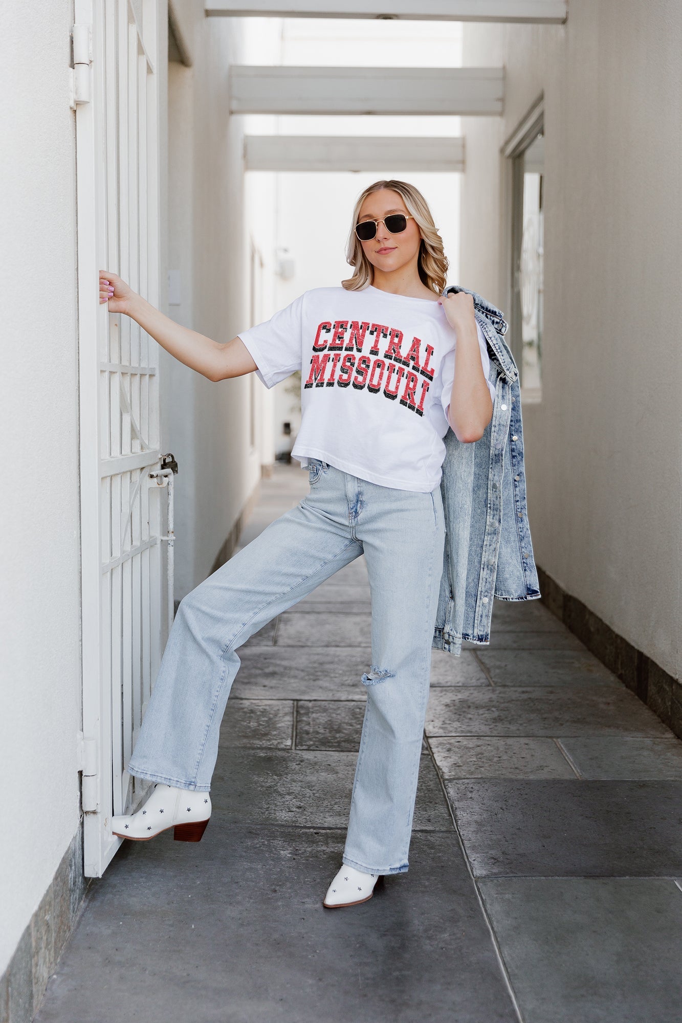 White Central Missouri Mules Claim To Fame Boxy Crop Tee - Styled with Denim Jacket | Gameday Couture - SOHO