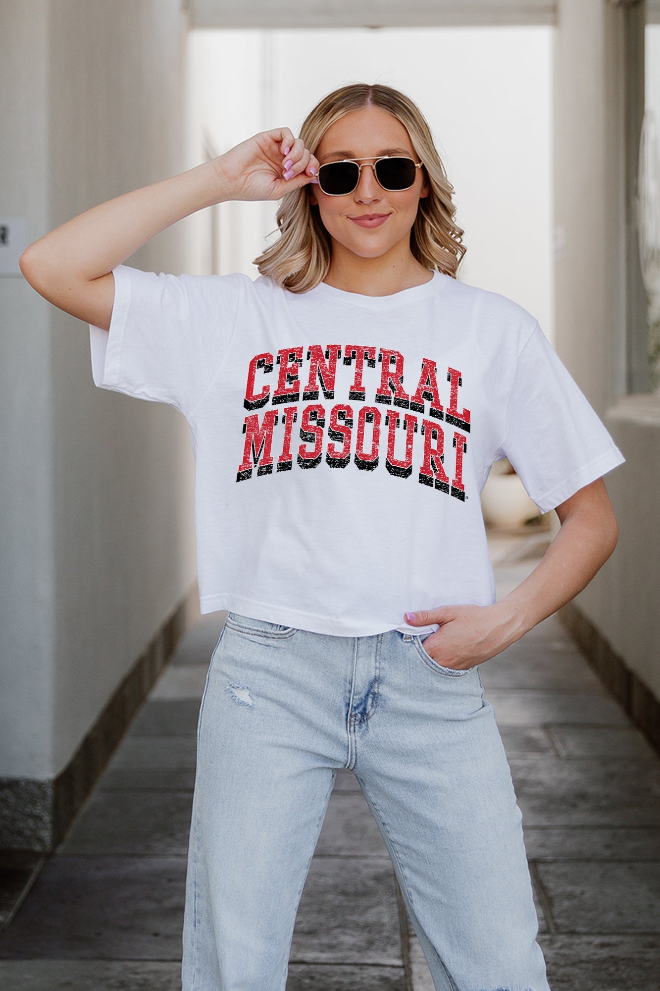 White Central Missouri Mules Claim To Fame Boxy Crop Tee - Front Close-Up On Model | Gameday Couture - SOHO