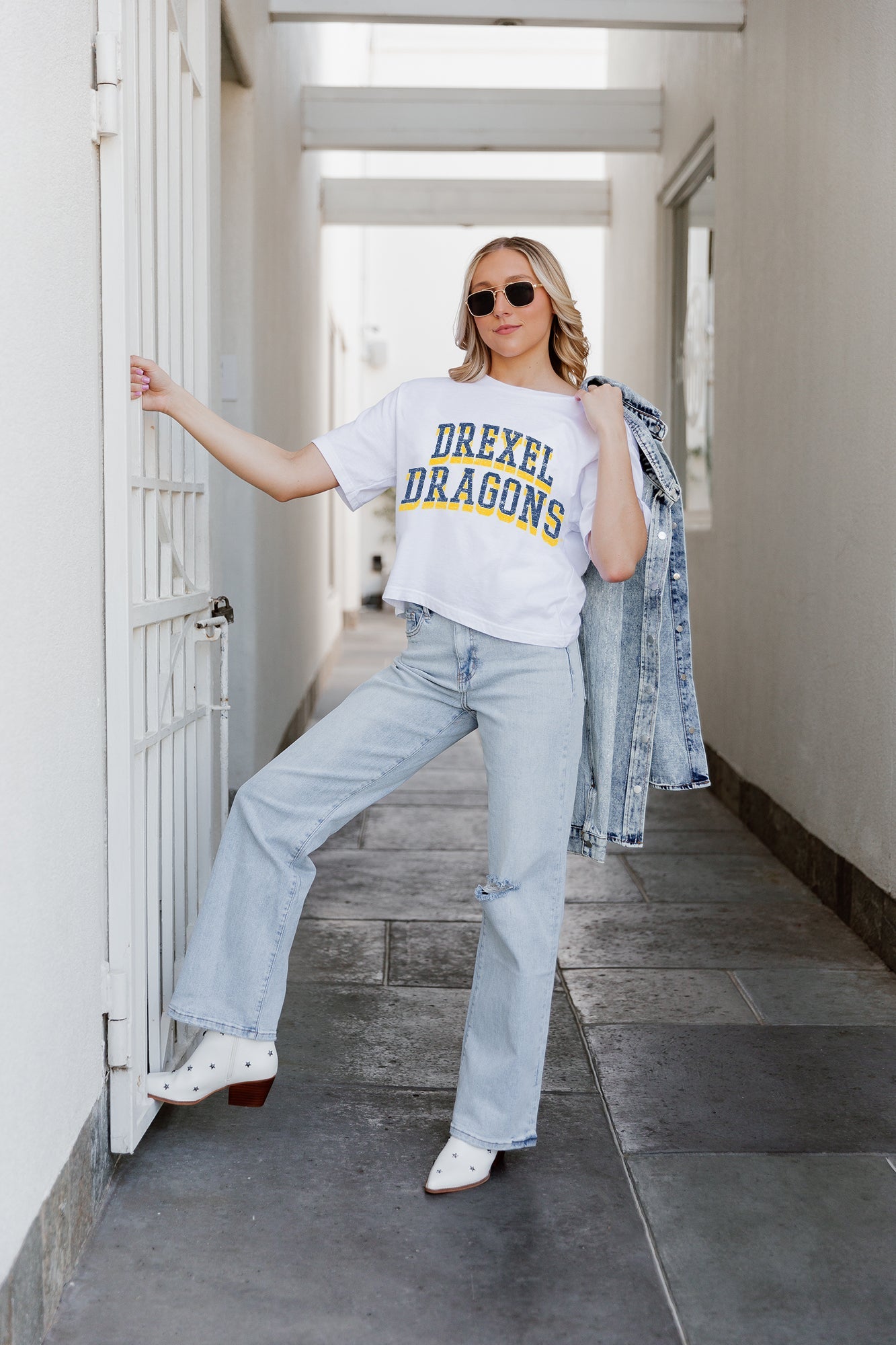 White Cotton DREXEL DRAGONS Boxy Crop Tee - Styled Look With Denim | Gameday Couture - SOHO