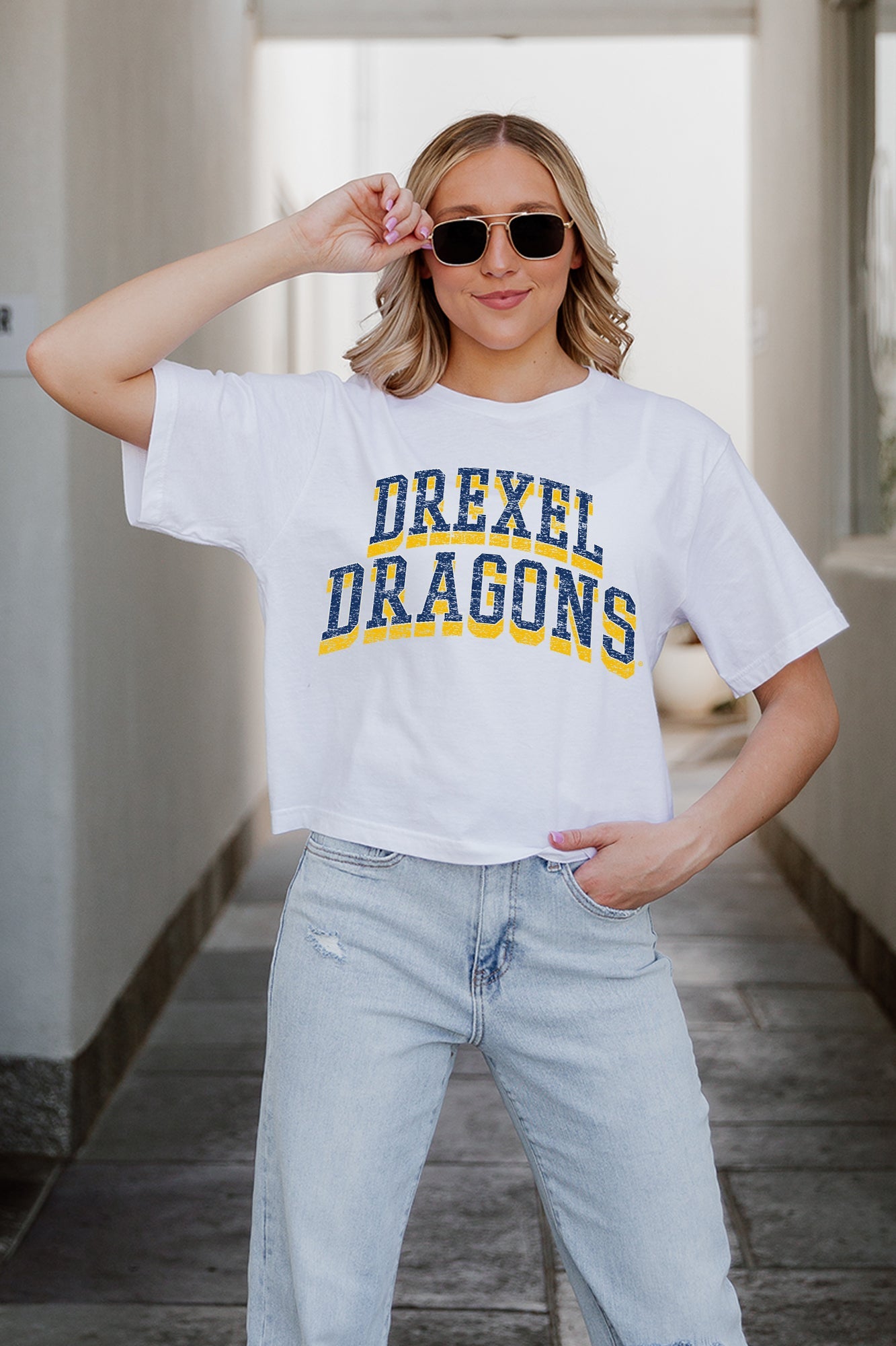 White DREXEL DRAGONS Women's Crop Tee - Front Detail View | Gameday Couture - SOHO