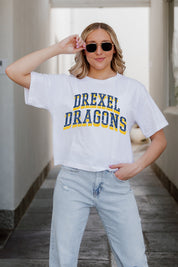 White DREXEL DRAGONS Women's Crop Tee - Front Detail View | Gameday Couture - SOHO