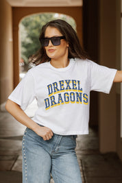 White Cotton DREXEL DRAGONS Boxy Crop Tee - Side Angle View | Gameday Couture - SOHO