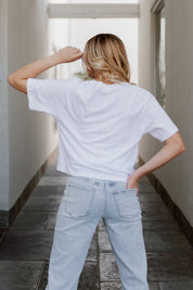 White Cotton DREXEL DRAGONS Crop Tee - Back View On Model | Gameday Couture - SOHO