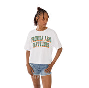 White F&M DIPLOMATS Claim To Fame Boxy-Fit Crop Tee - Front View | Gameday Couture - SOHO