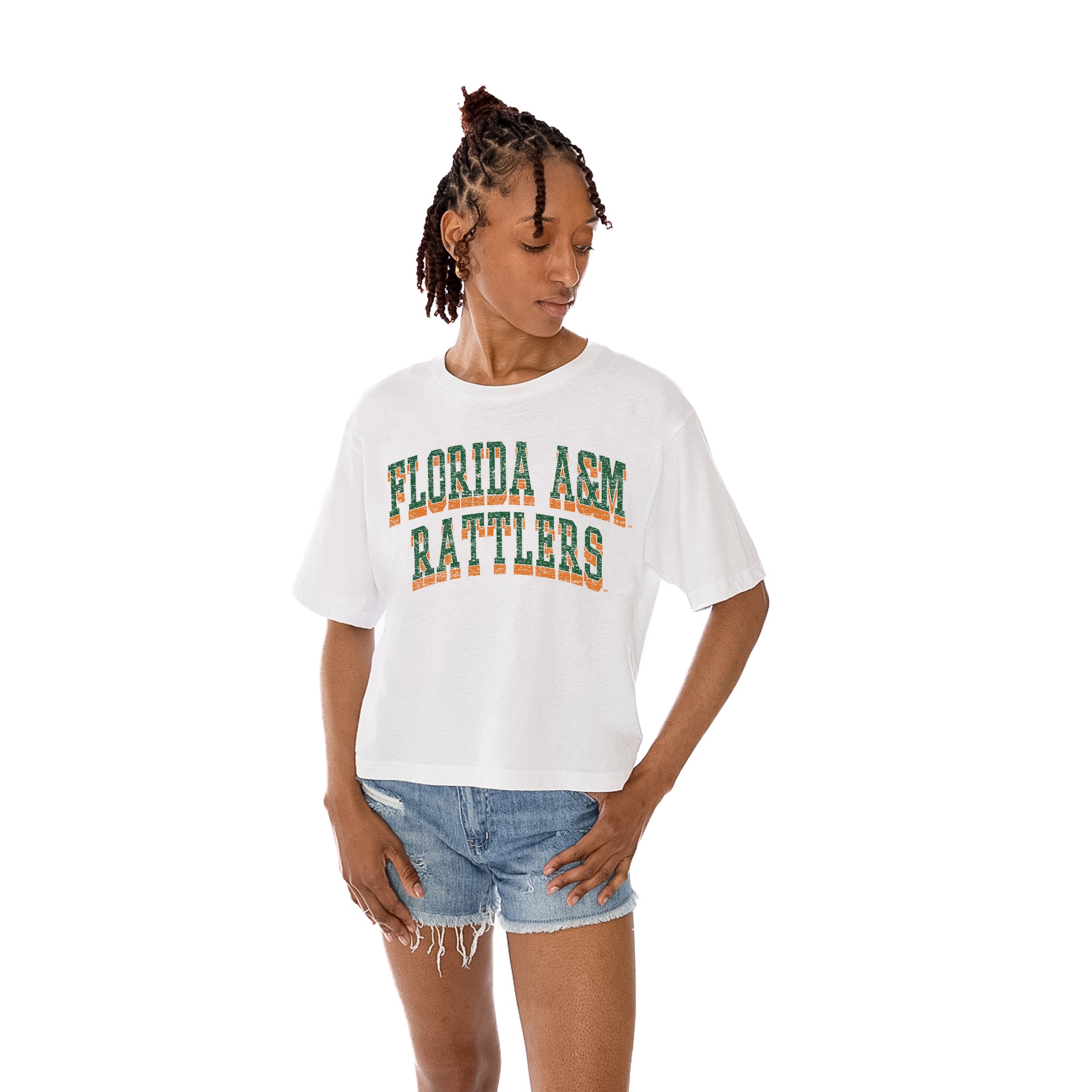 White F&M DIPLOMATS Claim To Fame Boxy-Fit Crop Tee - Front View | Gameday Couture - SOHO