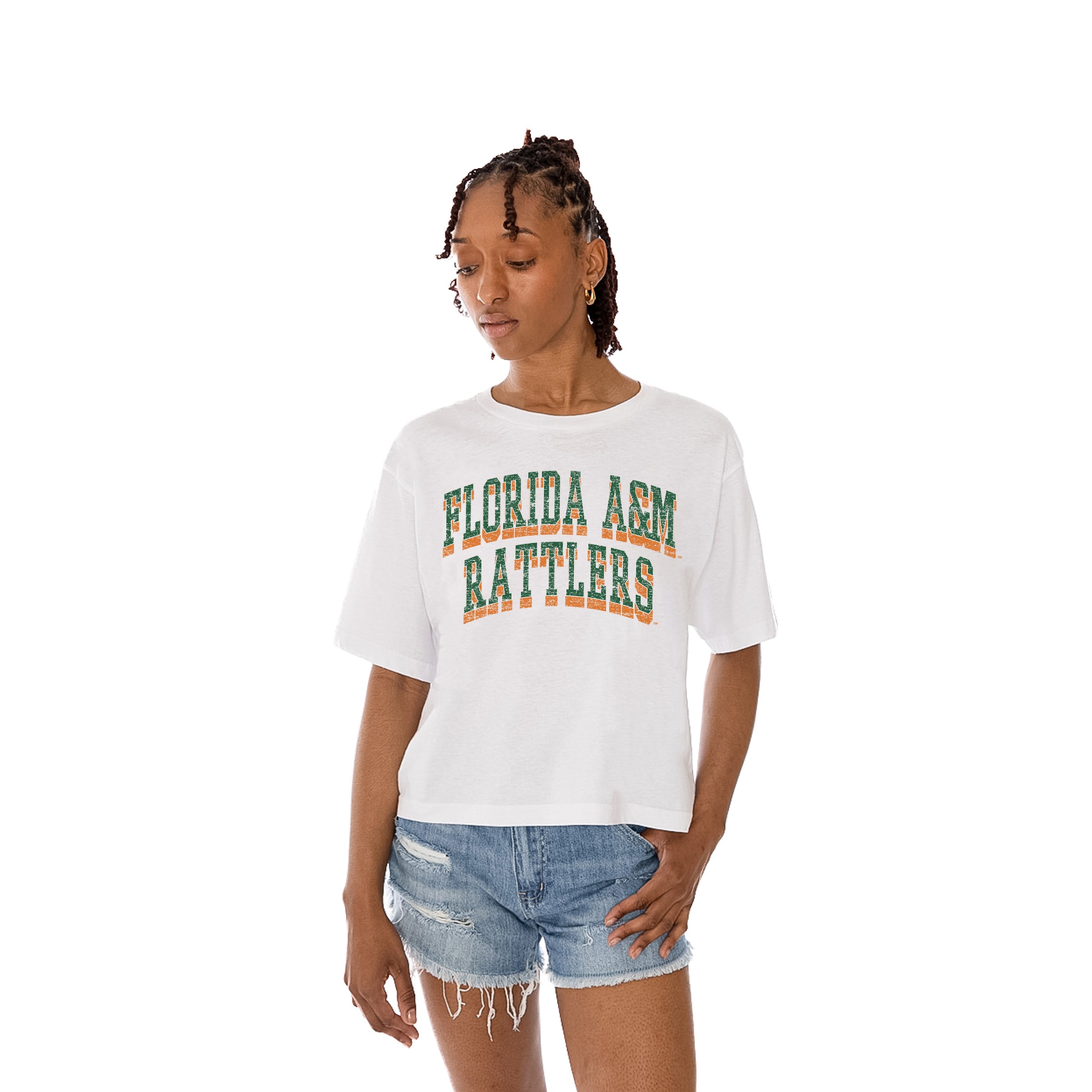 White F&M DIPLOMATS Claim To Fame Boxy-Fit Crop Tee - Side Angle | Gameday Couture - SOHO