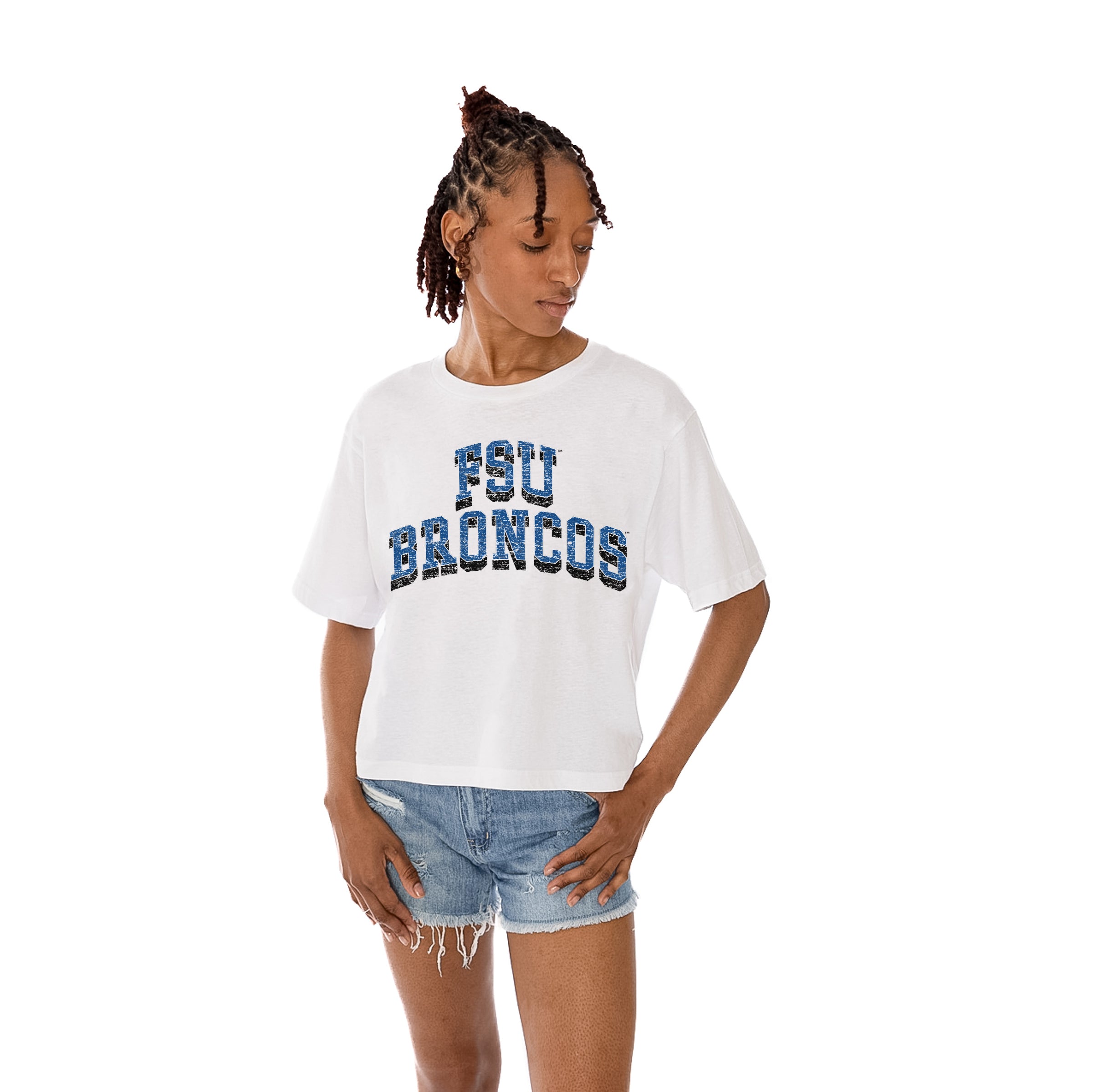 FAYETTEVILLE STATE BRONCOS Claim To Fame Boxy-Fit Crop Tee - Front View | Gameday Couture - SOHO