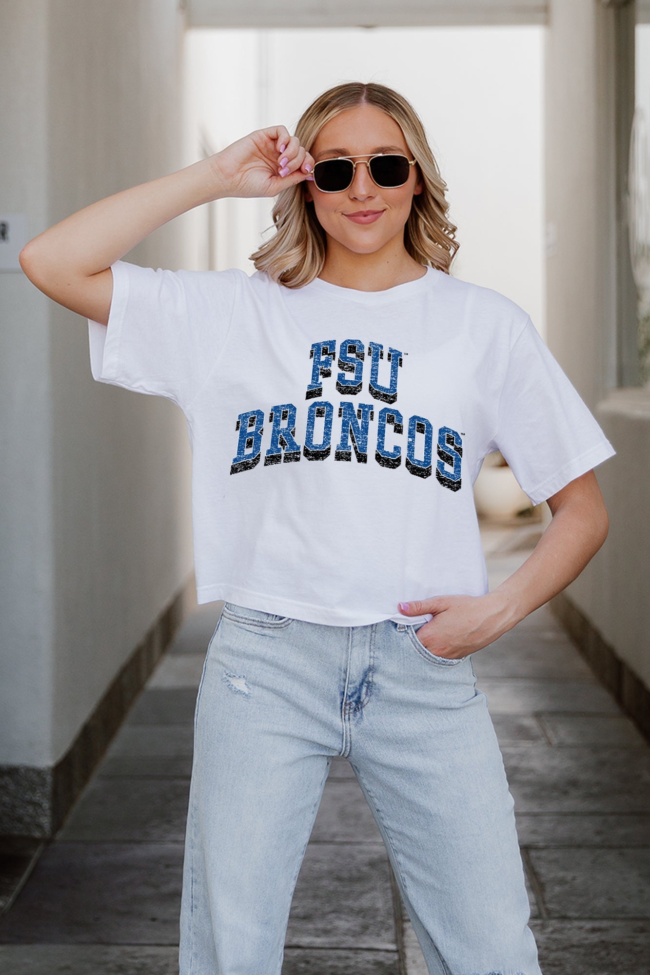 FAYETTEVILLE STATE BRONCOS CLAIM TO FAME BOXY FIT WOMEN'S CROPPED TEE - Styled Look | Gameday Couture - SOHO