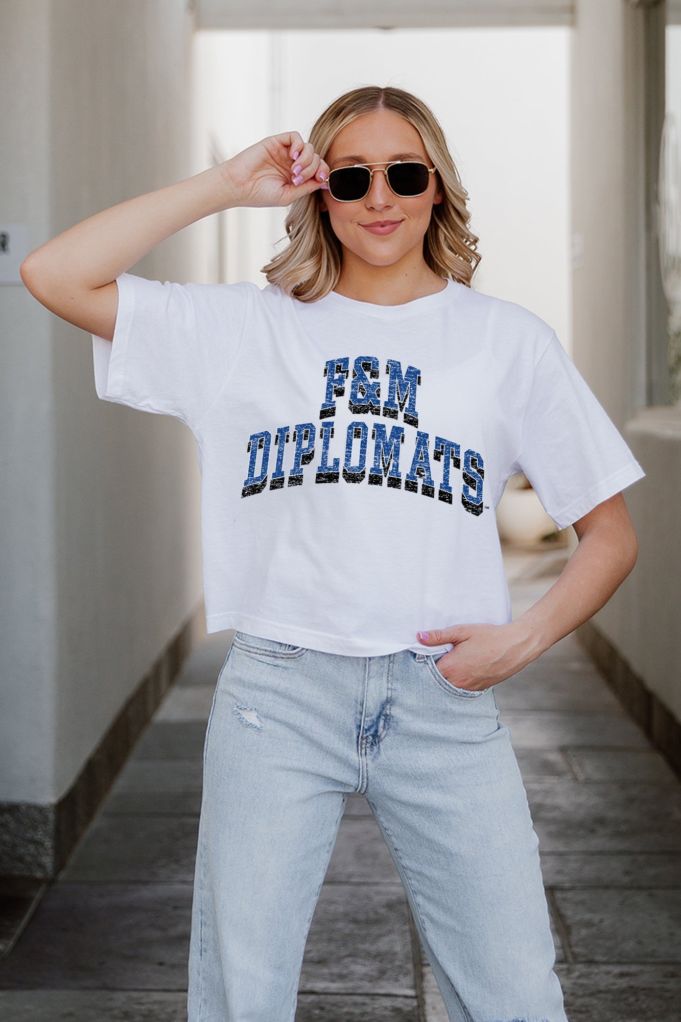 White F&M DIPLOMATS Claim To Fame Boxy-Fit Crop Tee - Styled Look | Gameday Couture - SOHO