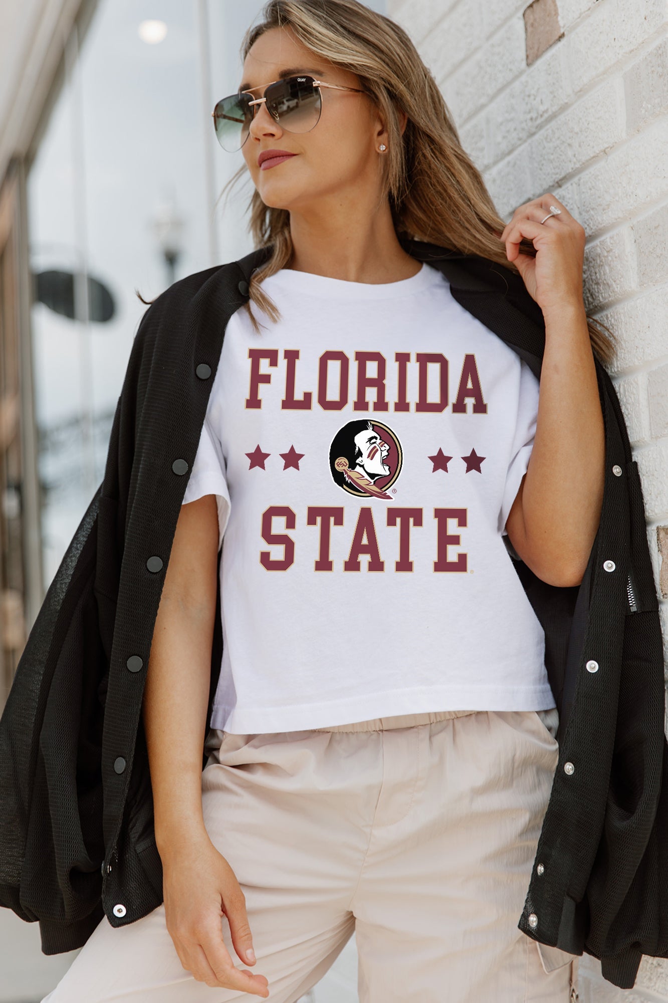 White FLORIDA STATE SEMINOLES TO THE POINT BOXY FIT WOMEN'S CROP TEE - Styled Lifestyle Look | Gameday Couture - SOHO