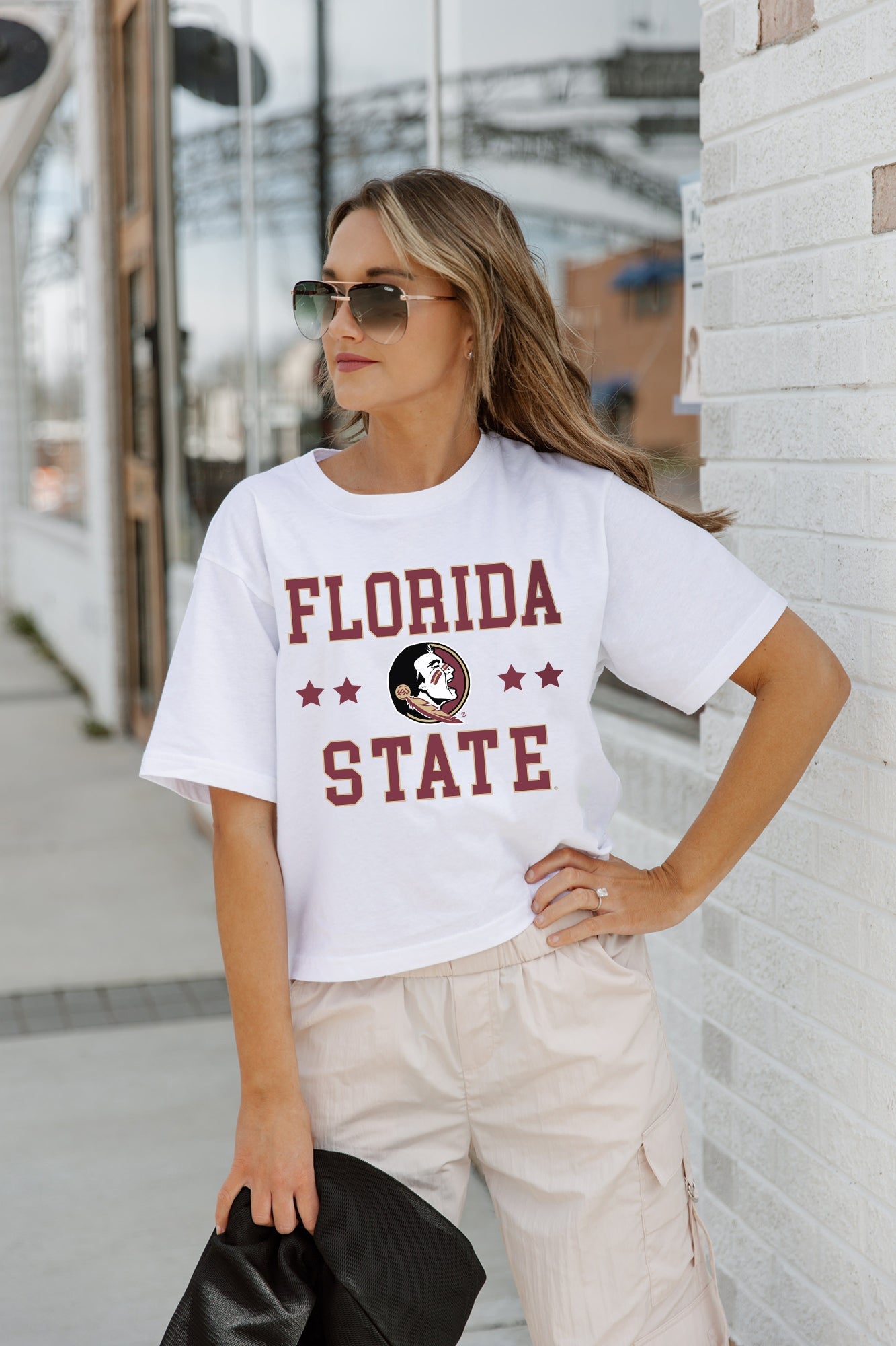 White FLORIDA STATE SEMINOLES TO THE POINT BOXY FIT WOMEN'S CROP TEE - Front View On Model | Gameday Couture - SOHO