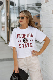 White FLORIDA STATE SEMINOLES TO THE POINT BOXY FIT WOMEN'S CROP TEE - Front View On Model | Gameday Couture - SOHO