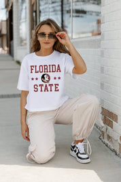 White FLORIDA STATE SEMINOLES TO THE POINT BOXY FIT WOMEN'S CROP TEE - Seated Casual Style | Gameday Couture - SOHO