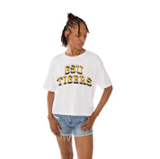 White GRAMBLING STATE TIGERS Claim To Fame Boxy-Fit Crop Tee - Front View | Gameday Couture - SOHO