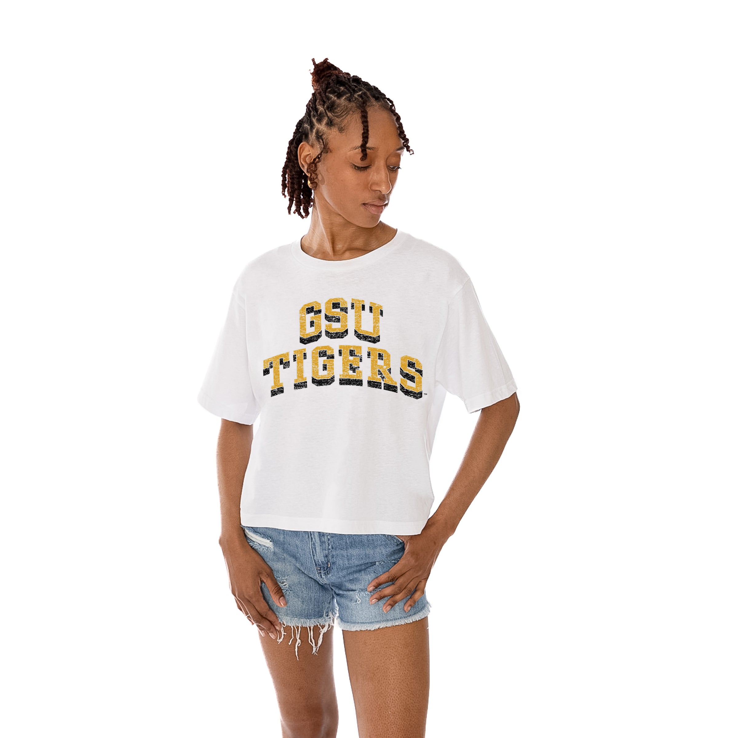 White GRAMBLING STATE TIGERS Claim To Fame Boxy-Fit Crop Tee - Front View | Gameday Couture - SOHO