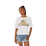 White GRAMBLING STATE TIGERS Claim To Fame Boxy-Fit Crop Tee - Side View | Gameday Couture - SOHO