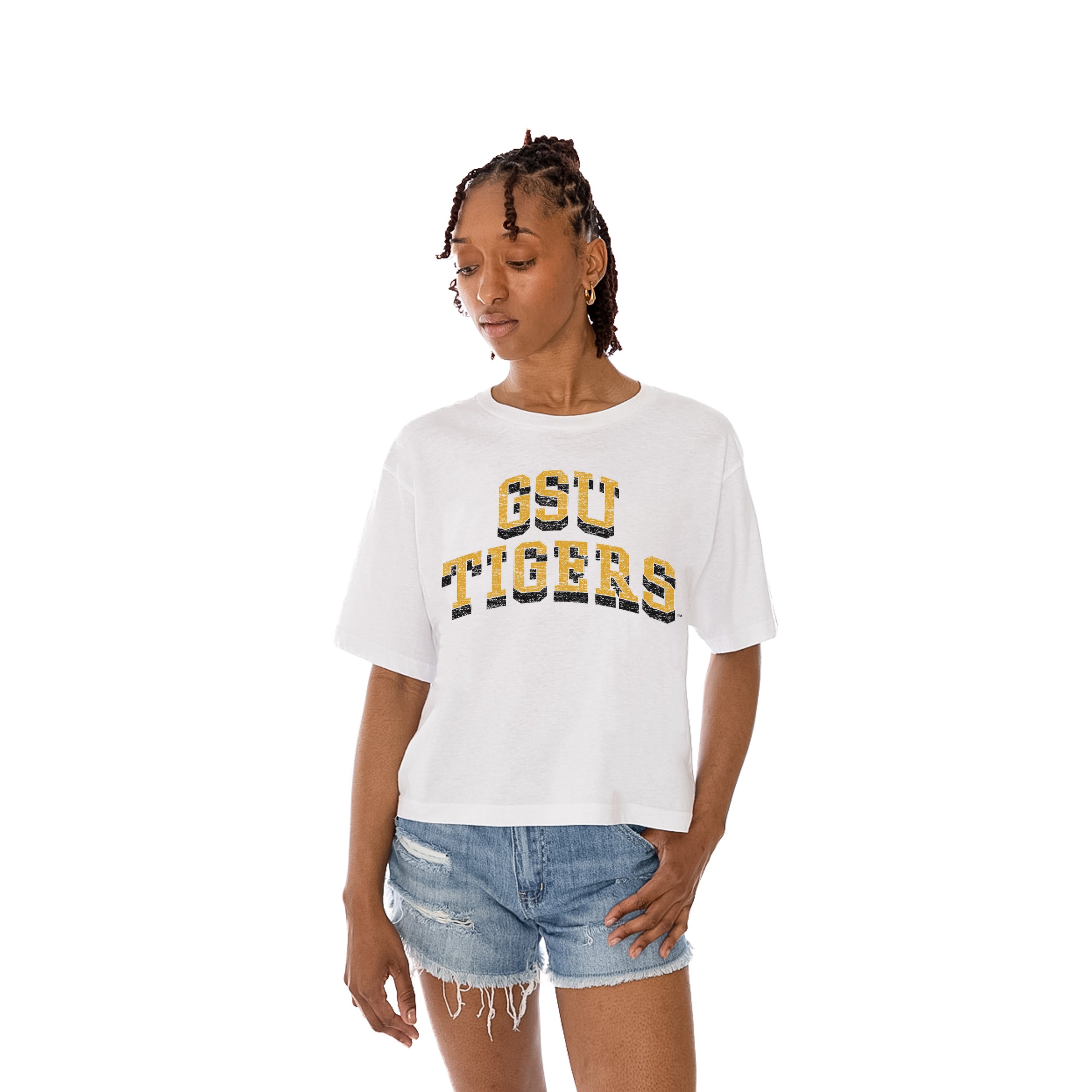 White GRAMBLING STATE TIGERS Claim To Fame Boxy-Fit Crop Tee - Side View | Gameday Couture - SOHO