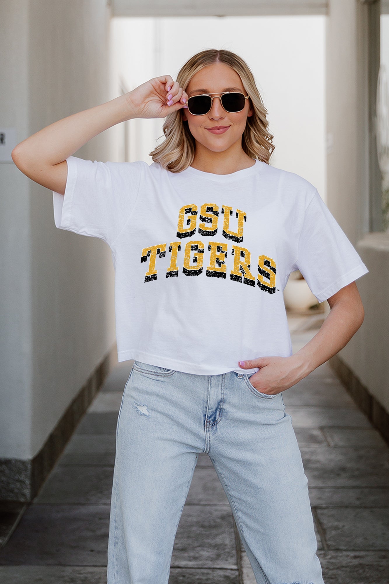 White GRAMBLING STATE TIGERS CLAIM TO FAME BOXY FIT CROPPED TEE - Styled Look | Gameday Couture - SOHO