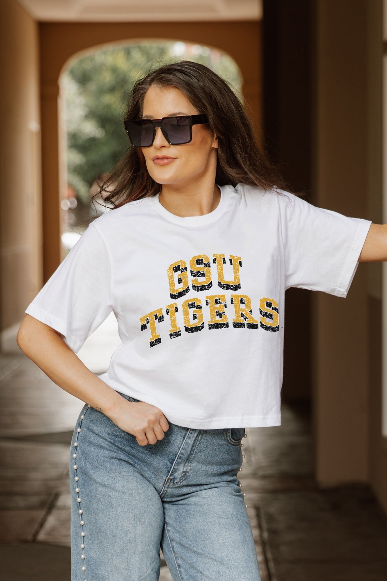White GRAMBLING STATE TIGERS CLAIM TO FAME BOXY FIT CROPPED TEE - On Model | Gameday Couture - SOHO