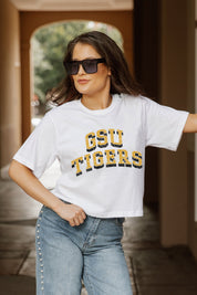White GRAMBLING STATE TIGERS CLAIM TO FAME BOXY FIT CROPPED TEE - On Model | Gameday Couture - SOHO