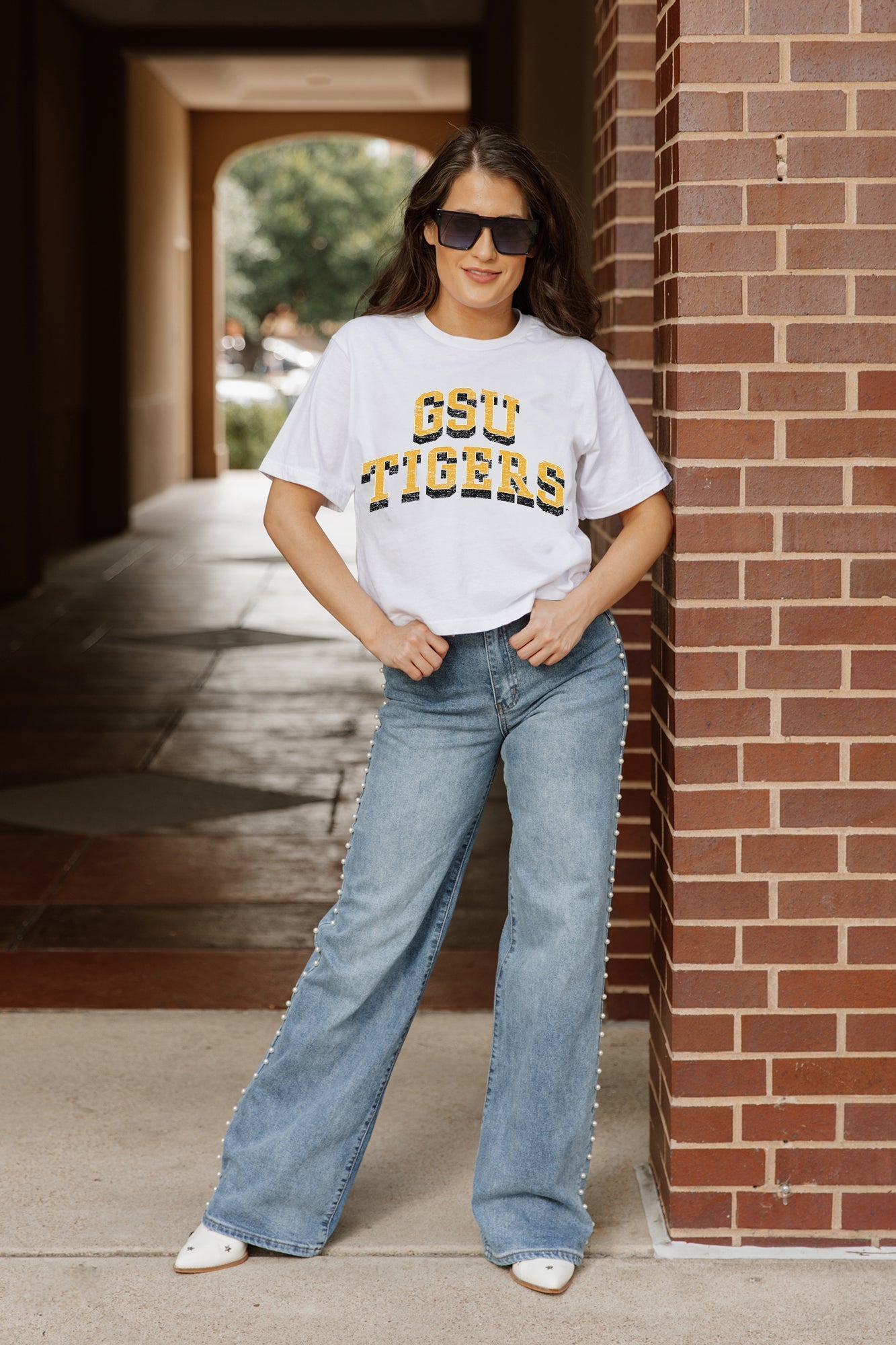 White GRAMBLING STATE TIGERS CLAIM TO FAME BOXY FIT CROPPED TEE - Full Outfit | Gameday Couture - SOHO