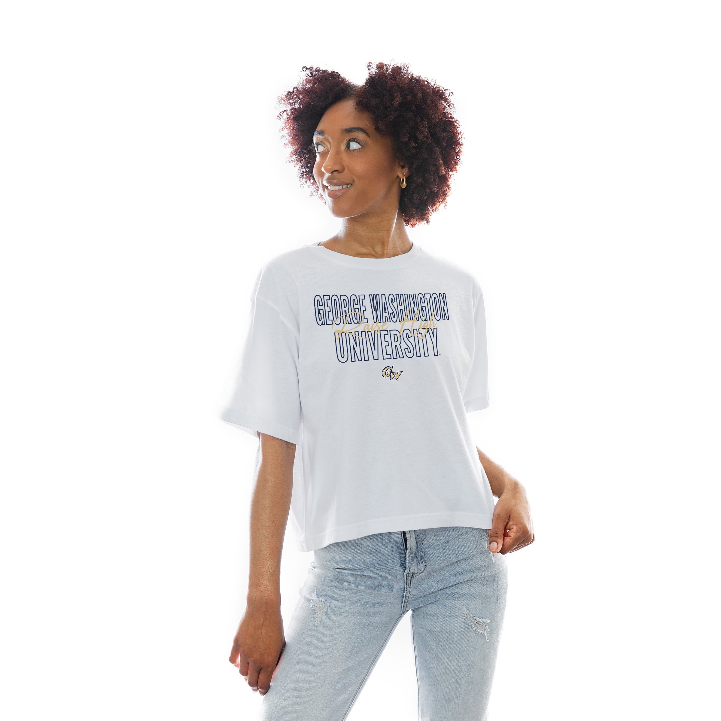 GEORGE WASHINGTON REVOLUTIONARIES KEEP PLAYING BOXY FIT WOMEN'S CROP TEE