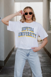 White HOFSTRA PRIDE Claim To Fame Boxy-Fit Crop Tee - Logo Detail | Gameday Couture - SOHO