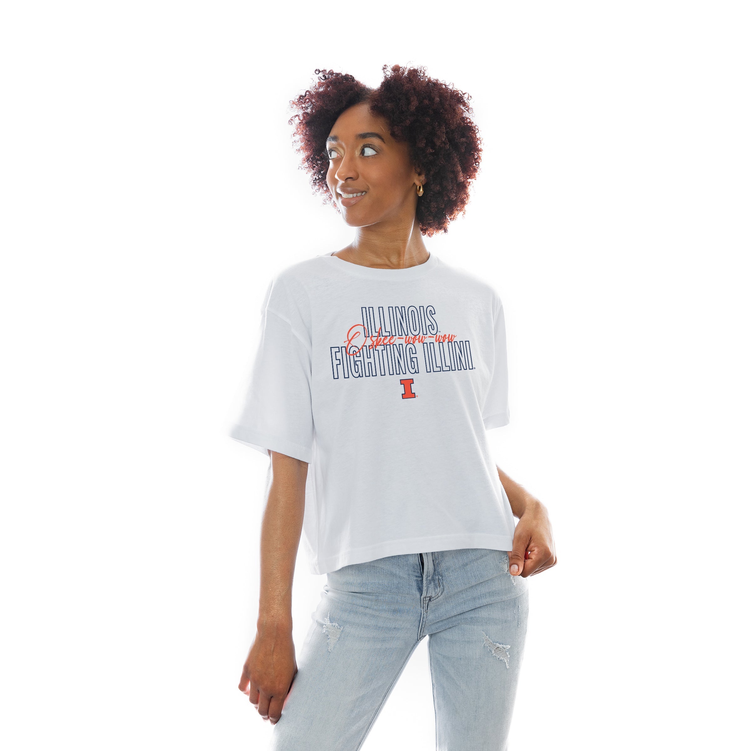 White ILLINOIS FIGHTING ILLINI KEEP PLAYING BOXY FIT WOMEN'S CROP TEE - Front View | Gameday Couture - SOHO