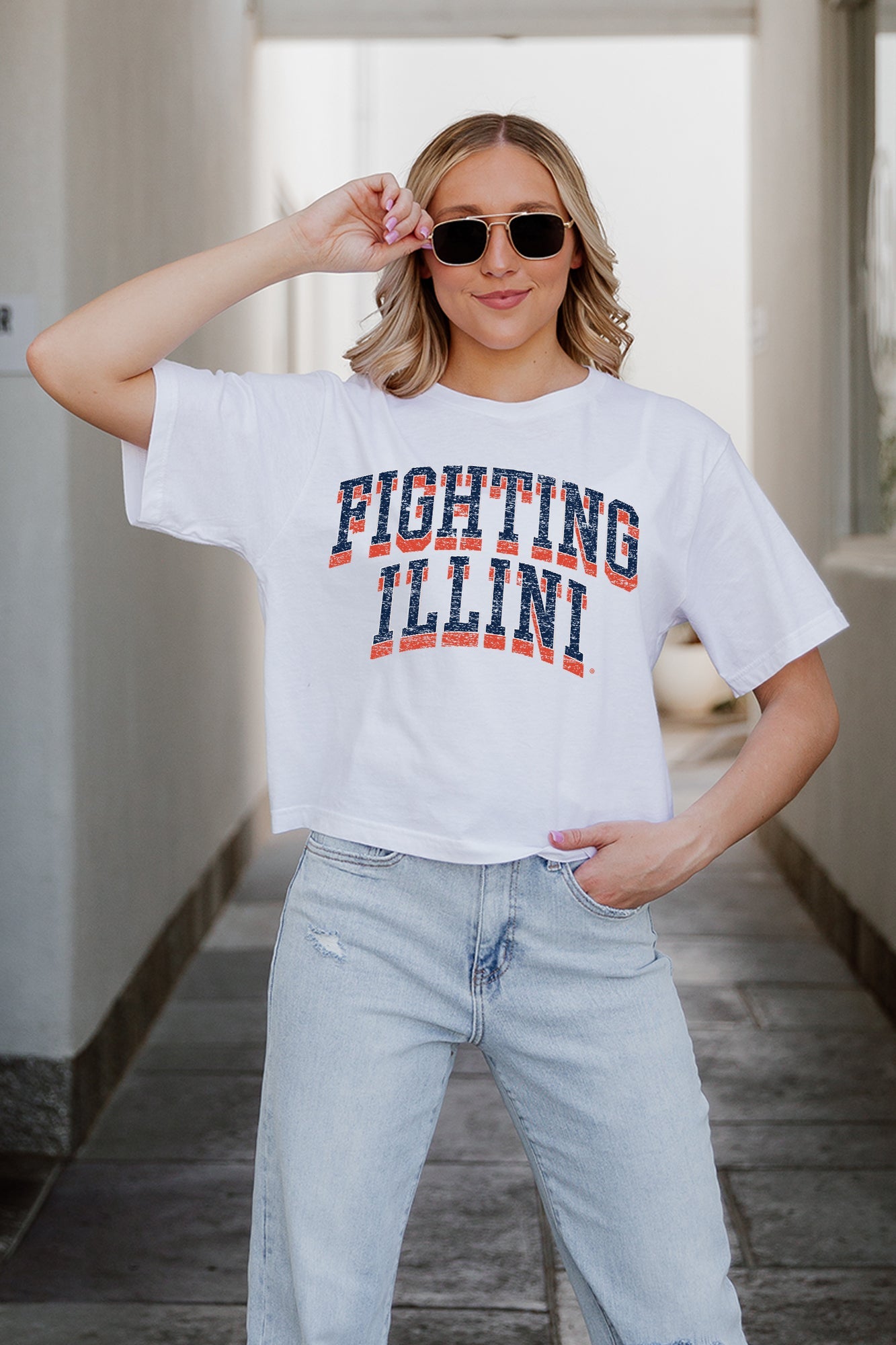 White Illinois Fighting Illini Claim to Fame Boxy-Fit Crop Tee - Logo Detail | Gameday Couture - SOHO