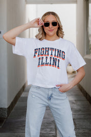 White Illinois Fighting Illini Claim to Fame Boxy-Fit Crop Tee - Logo Detail | Gameday Couture - SOHO