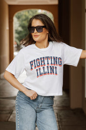White Illinois Fighting Illini Claim to Fame Boxy-Fit Crop Tee - Side View | Gameday Couture - SOHO
