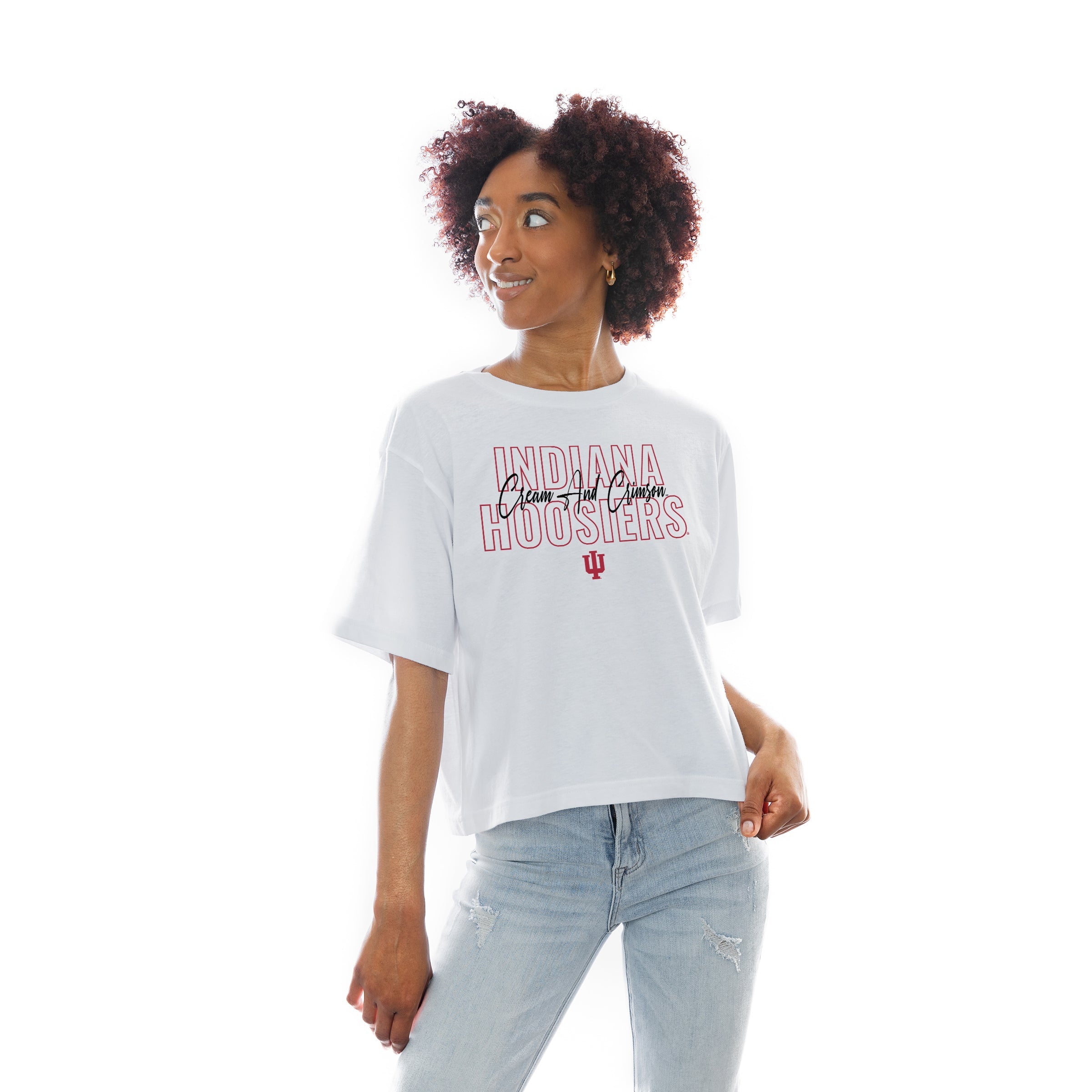 INDIANA HOOSIERS KEEP PLAYING BOXY FIT WOMEN'S CROP TEE