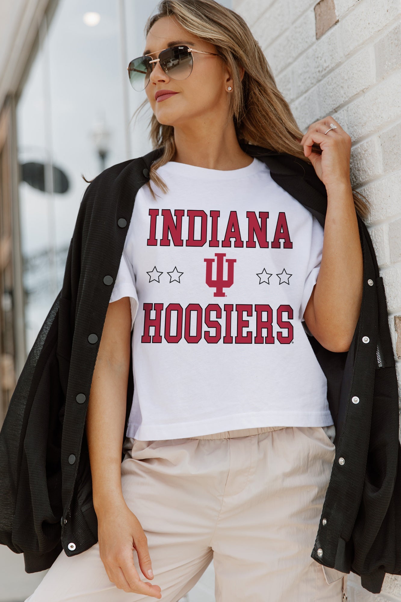 White INDIANA HOOSIERS TO THE POINT BOXY FIT WOMEN'S CROP TEE - On Model Front | Gameday Couture - SOHO
