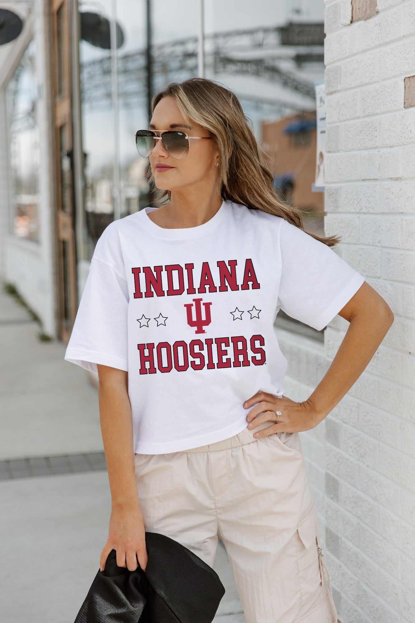 White INDIANA HOOSIERS TO THE POINT BOXY FIT WOMEN'S CROP TEE - On Model Side Angle | Gameday Couture - SOHO