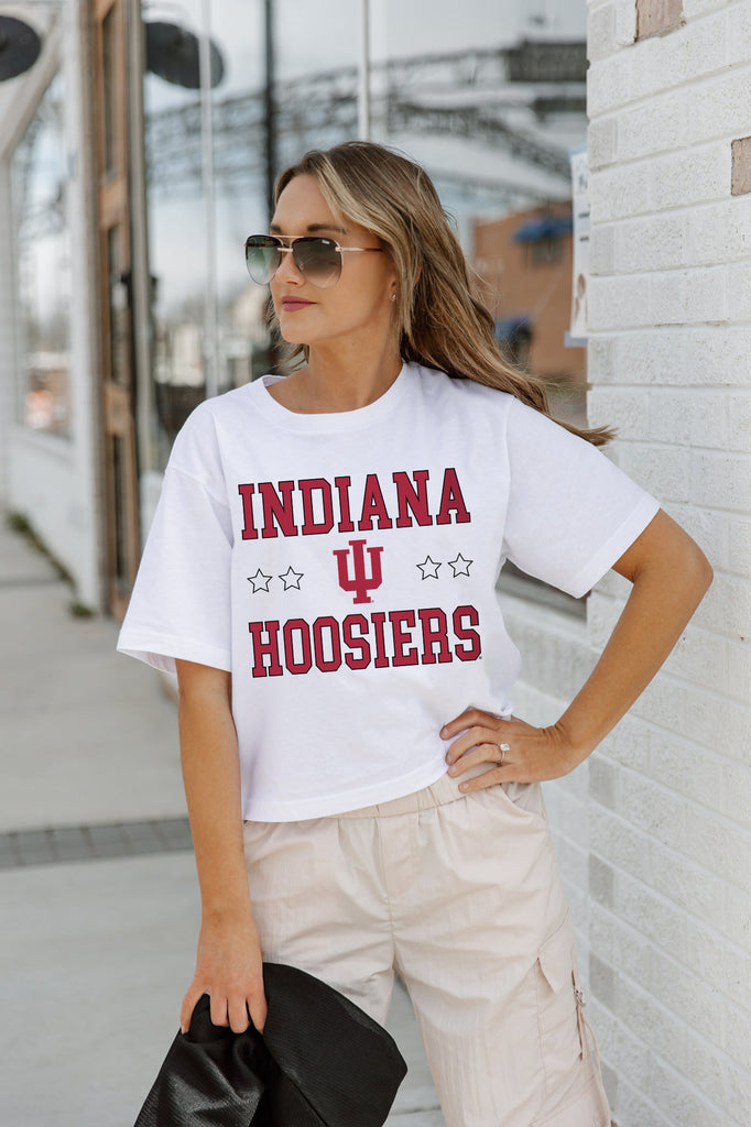 INDIANA HOOSIERS TO THE POINT BOXY FIT WOMEN'S CROP TEE