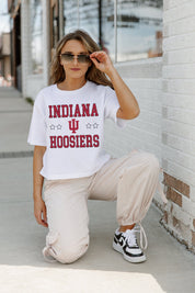 White INDIANA HOOSIERS TO THE POINT BOXY FIT WOMEN'S CROP TEE - On Model Sitting | Gameday Couture - SOHO